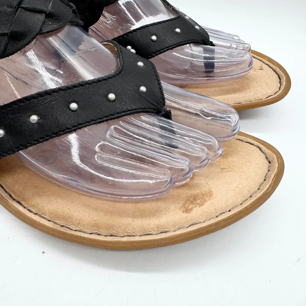 Born Braided Strap Thong Sandals Slip On Flats Black Leather Size 11 Boho Casual